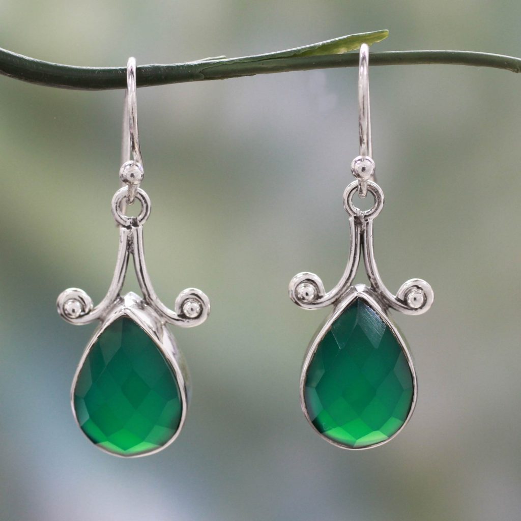 Sterling Silver and Green Onyx Hook Gemstone Earrings, 'Himalaya Muse'