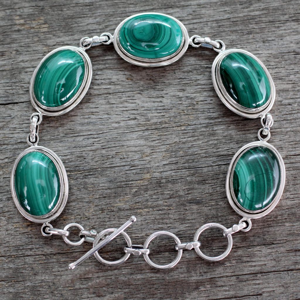 Handcrafted Jewelry Sterling Silver Malachite Bracelet, 'Bold Chic' Add a touch of luck gemstone