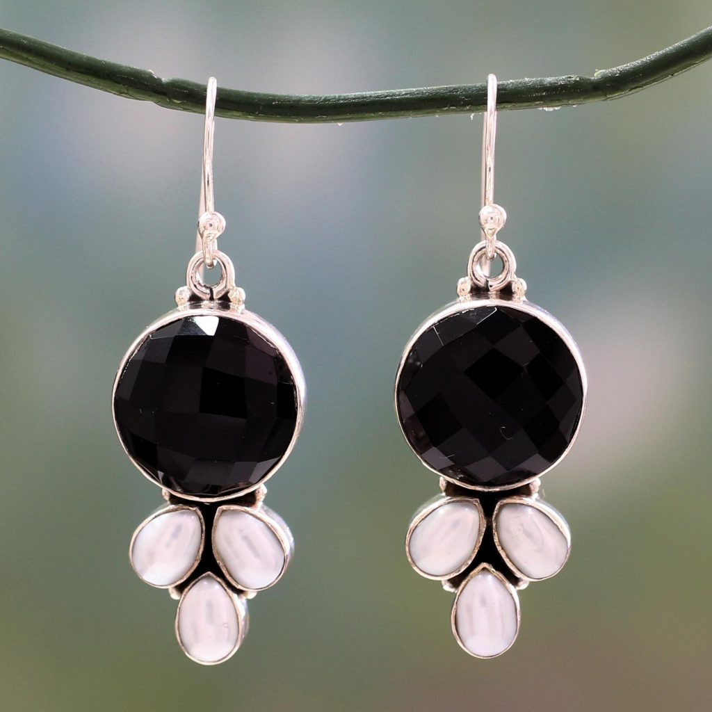 Sterling Silver Pearl and Onyx Gemstone Earrings from India, 'Facets'