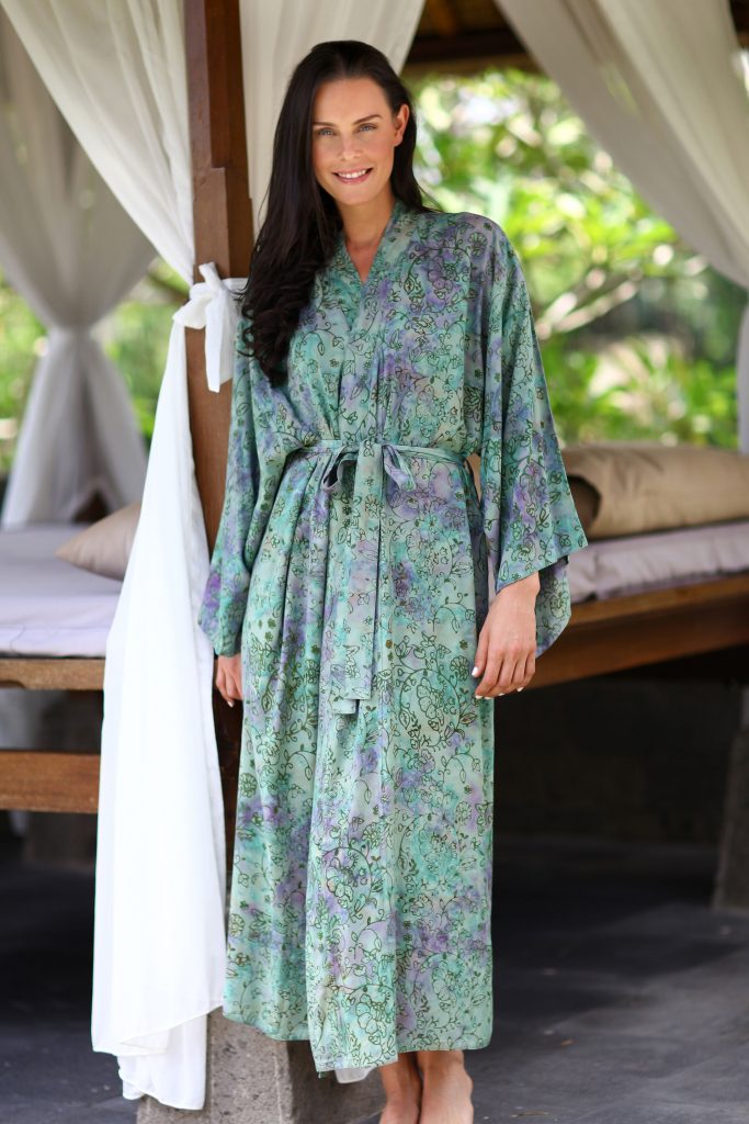 Unique Gifts for a New Mother-Artisan Crafted Batik Robe, 'Misty Javanese Forest'