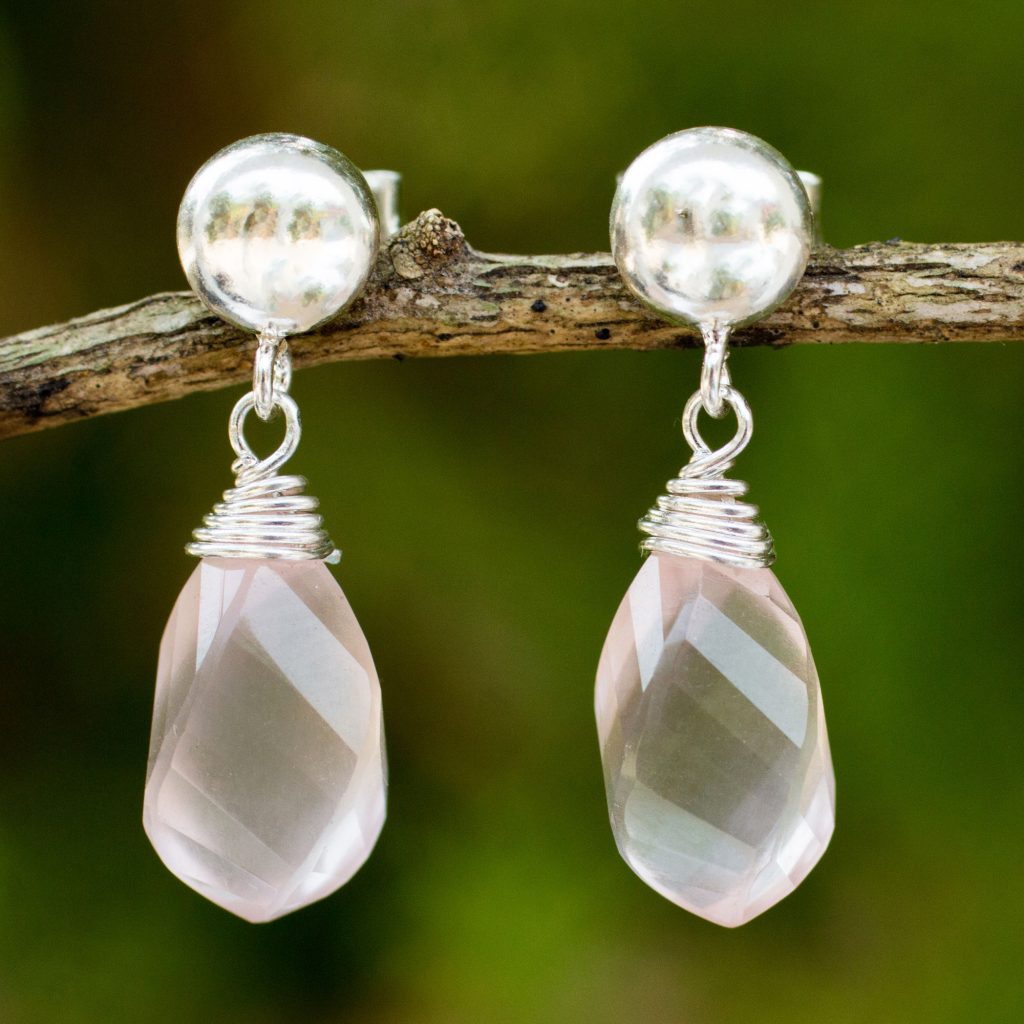 Sterling Silver and Rose Quartz Artisan Crafted Earrings, 'From Chiang Mai with Love' Touch of Luck gemstones