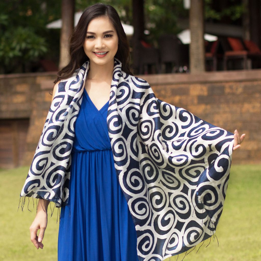Unique Gifts for a New Mother-Silk scarf, 'Blue Thai Maze'