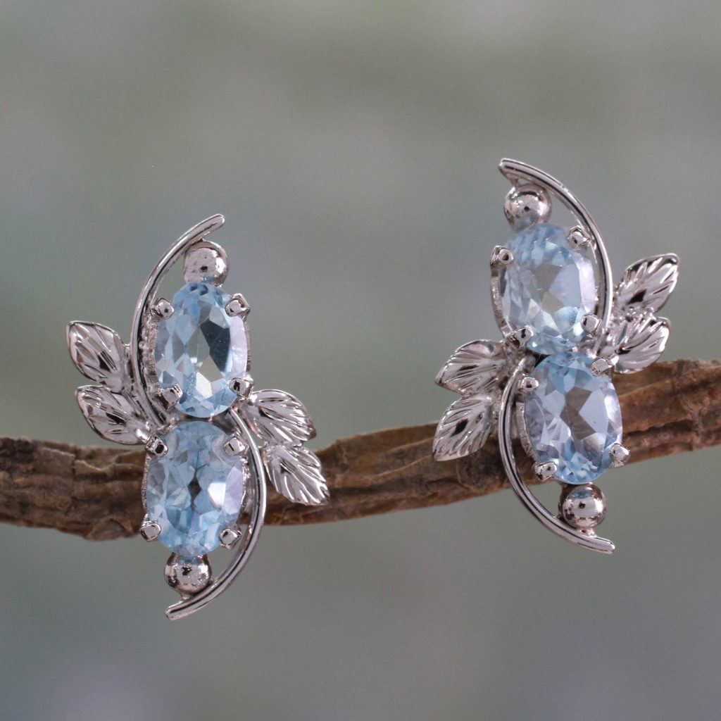 Unique Indian Sterling Silver and Blue Topaz Gemstone Earrings, 'Azure Awe'