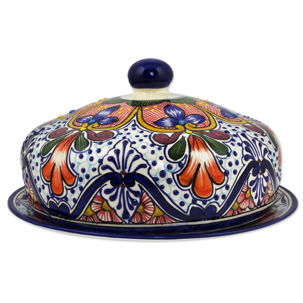 Handcrafted Talavera-Style Ceramic Covered Serving Plate, 'Radiant Flowers' Home, table ware , mexican decor Cinco de Mayo