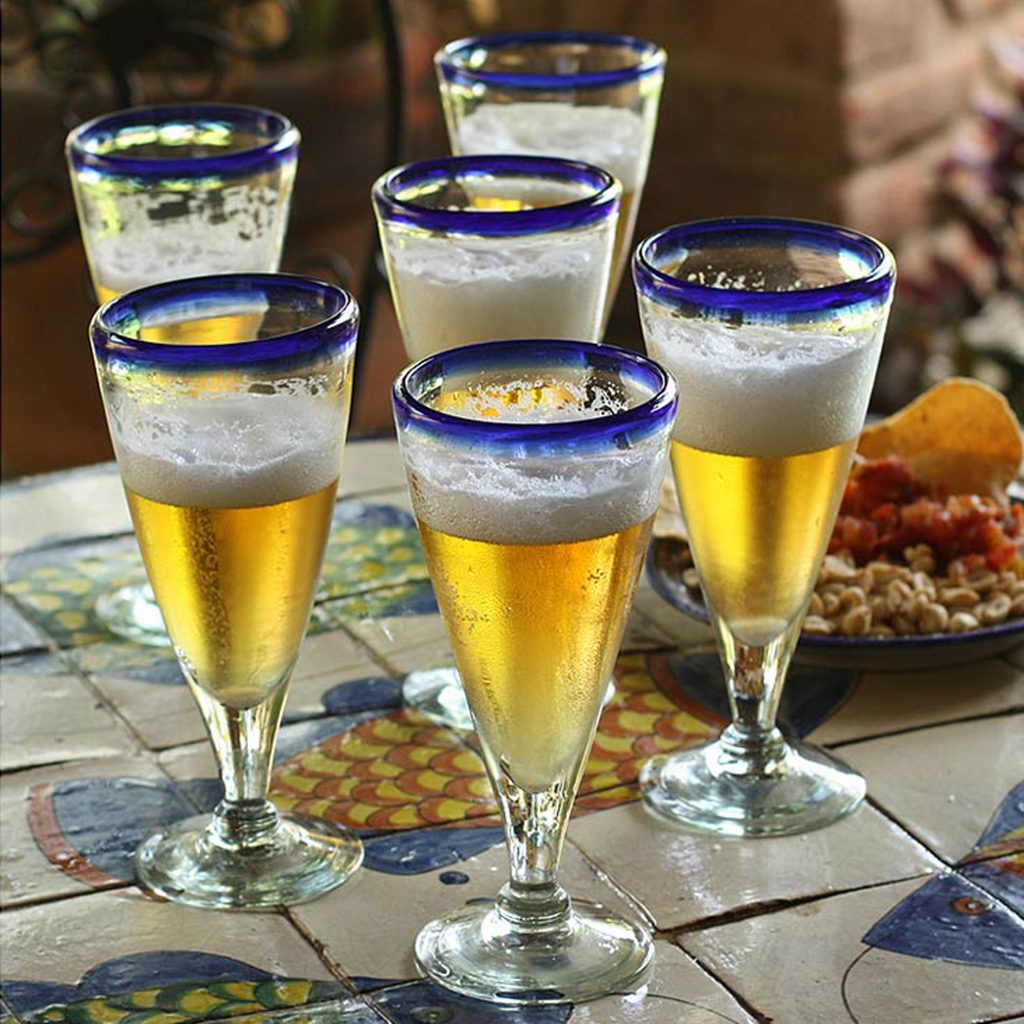 Cinco de Mayo glassware - Artisan Crafted Recycled Handblown Blue Rim Beer Glasses, 'Bohemia'