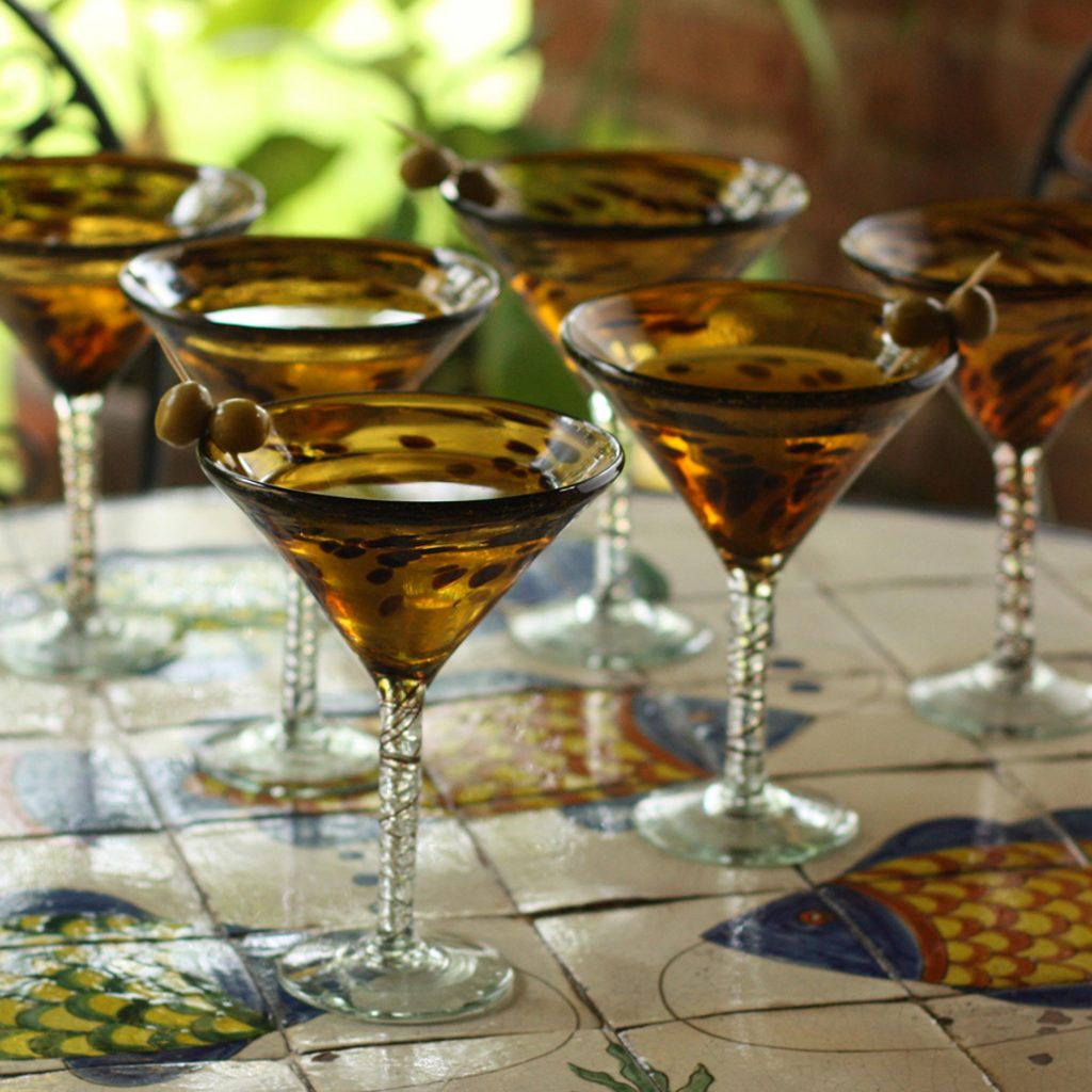 Cinco de Mayo Glassware - Mexican Handblown Glass Recycled Brown Cocktail Set for 6, 'Tortoise Shell'