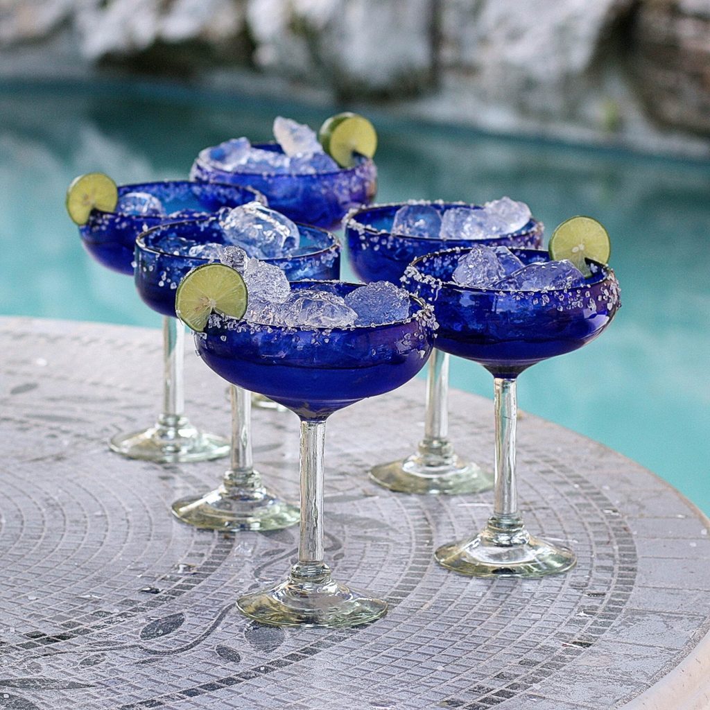 Cinco de Mayo glassware - Handblown Recycled Glass Margarita Set, 'Indigo Ice'