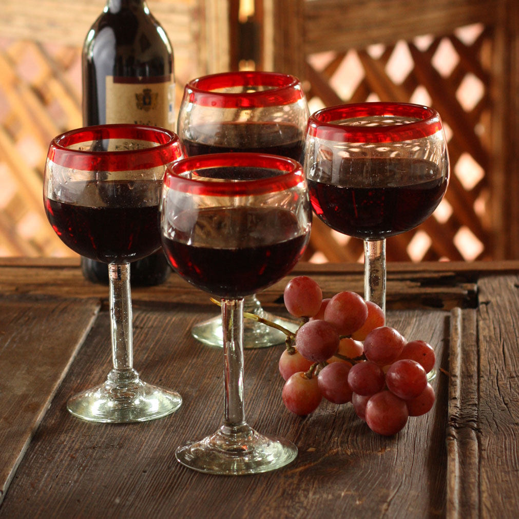 Cinco de Mayo Glassware - Set of 4 Hand Blown Wine Goblets, 'Drops of Ruby'