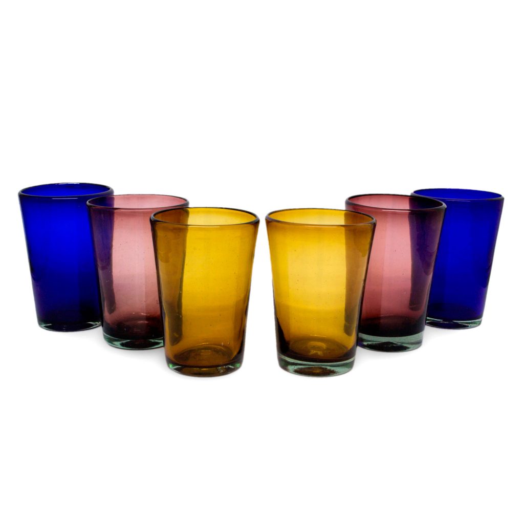 Cinco de Mayo glassware - Mexican Multicolor Handblown Glasses Tumbler Drinkware Six, 'Rainbow Gems'