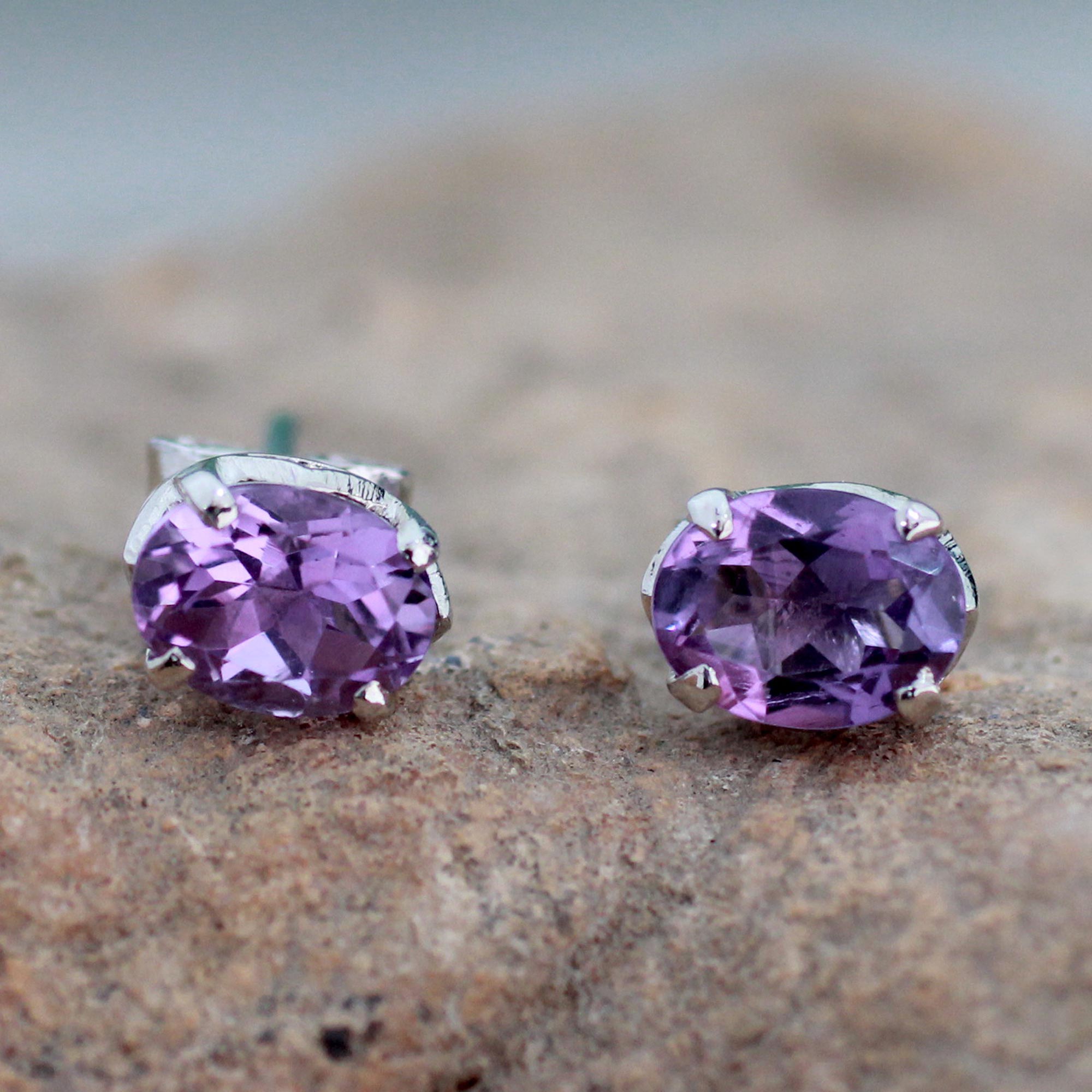 2 Carat Amethyst Stud Earrings from India, 'Scintillate' Gemstone to Complement Skin Tone