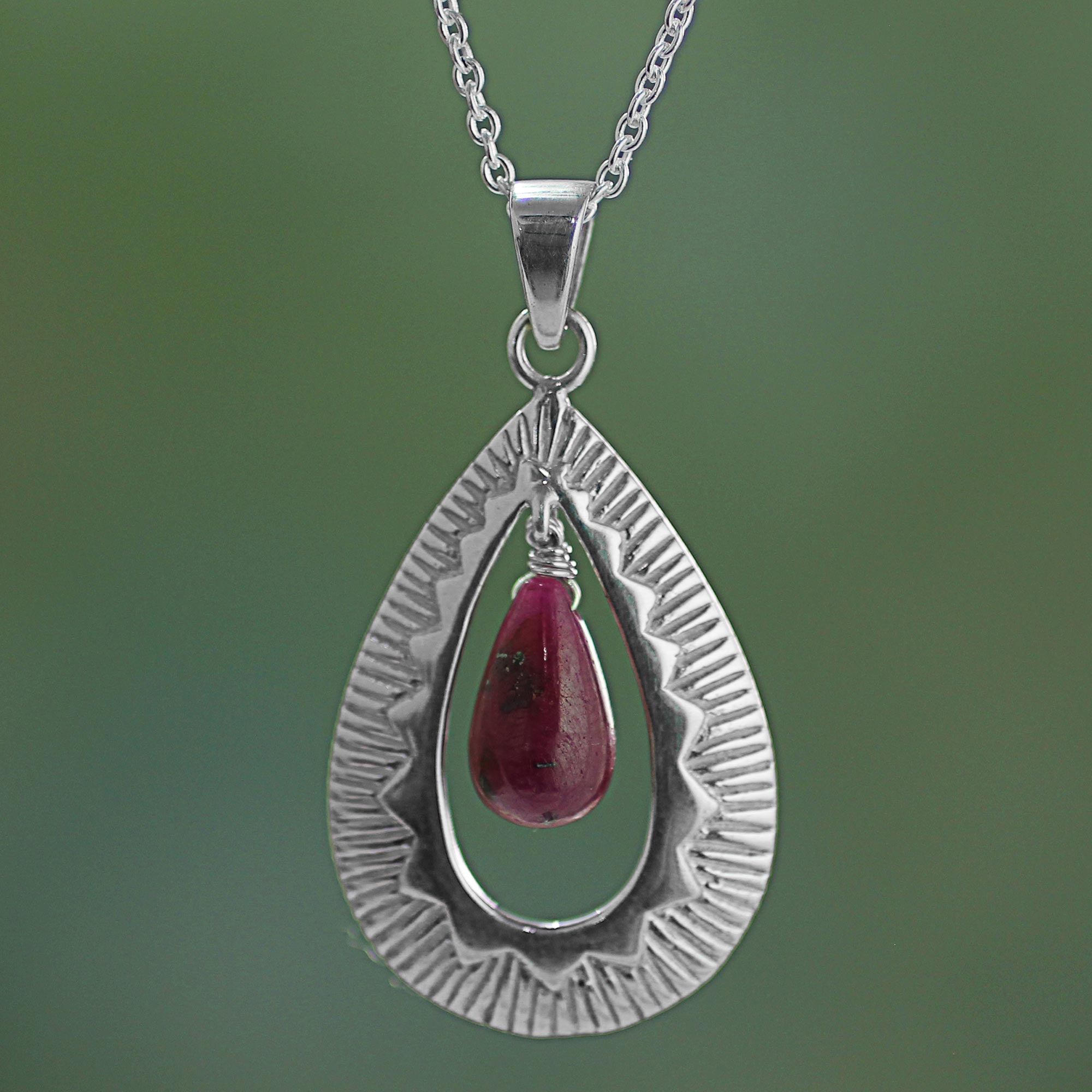 Handcrafted Sterling Silver Ruby Pendant Chain Necklace from India, 'Ruby Grandeur' NOVICA Fair tradeGemstone Complement to Skin Tone 