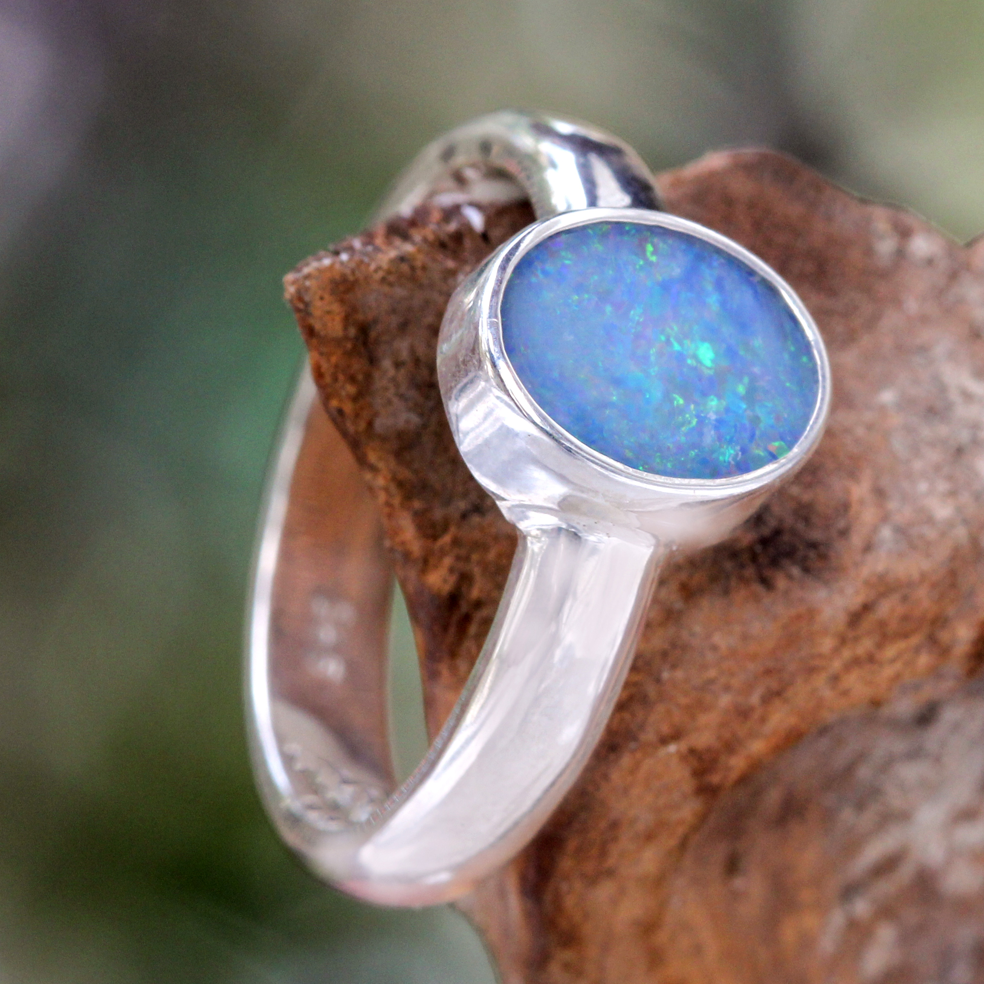 Fair Trade Sterling Silver and Blue Opal Ring, 'Moonglow' Gemstone to Complement Skin Tone