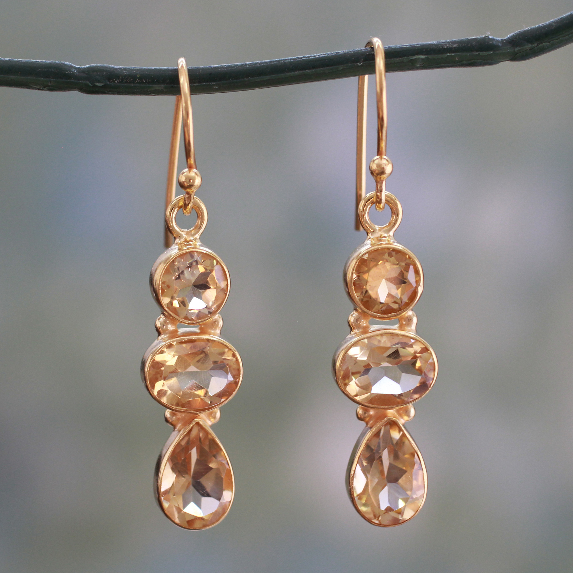Gemstone to Complement Skin Tone 22k Gold Vermeil Dangle Earrings with Citrine Gems, 'Golden Dazzle'