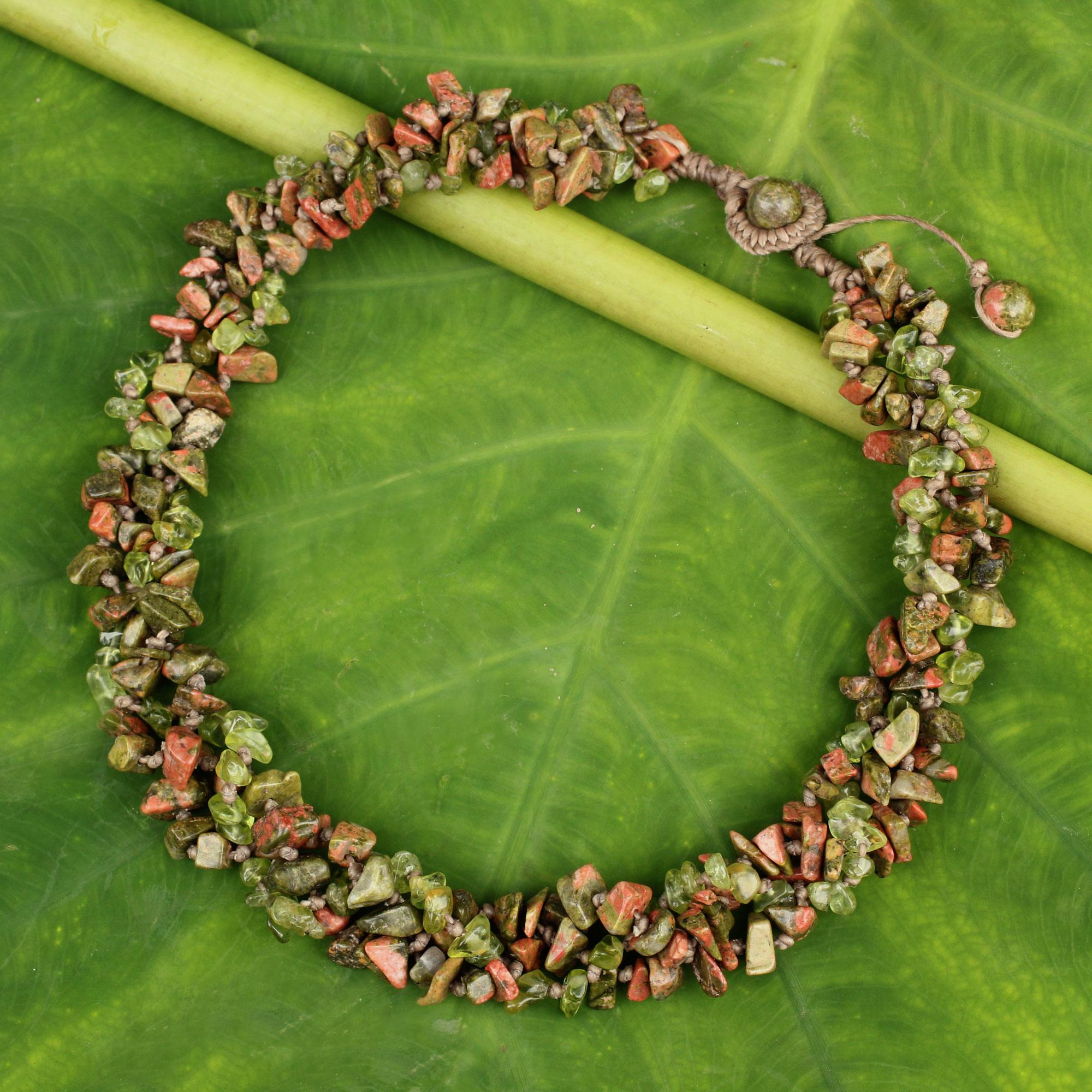 "Earthen Wonder" Necklace Gemstone to Complement Skin Tone Peridot Unkite Stainless Steel