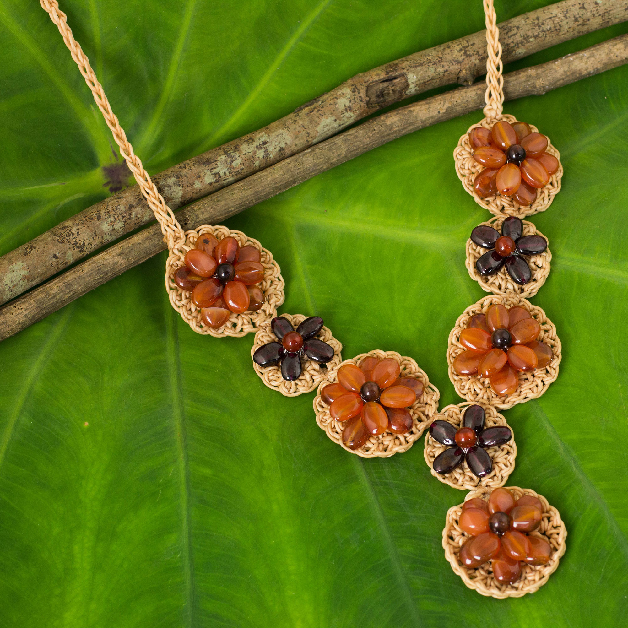 Beaded Carnelian and Garnet Floral Pendant Necklace, 'Floral Garland in Orange' Gemstone to Complement Skin Tone