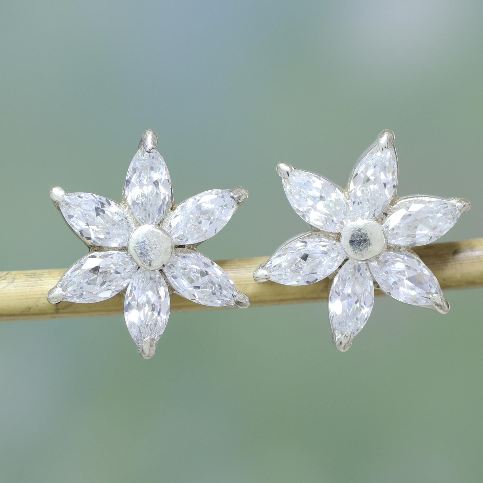 Sparkling Stud Earrings with Cubic Zirconia from India, 'Snow Blossom' Gemstone Complement to Skin Tone 