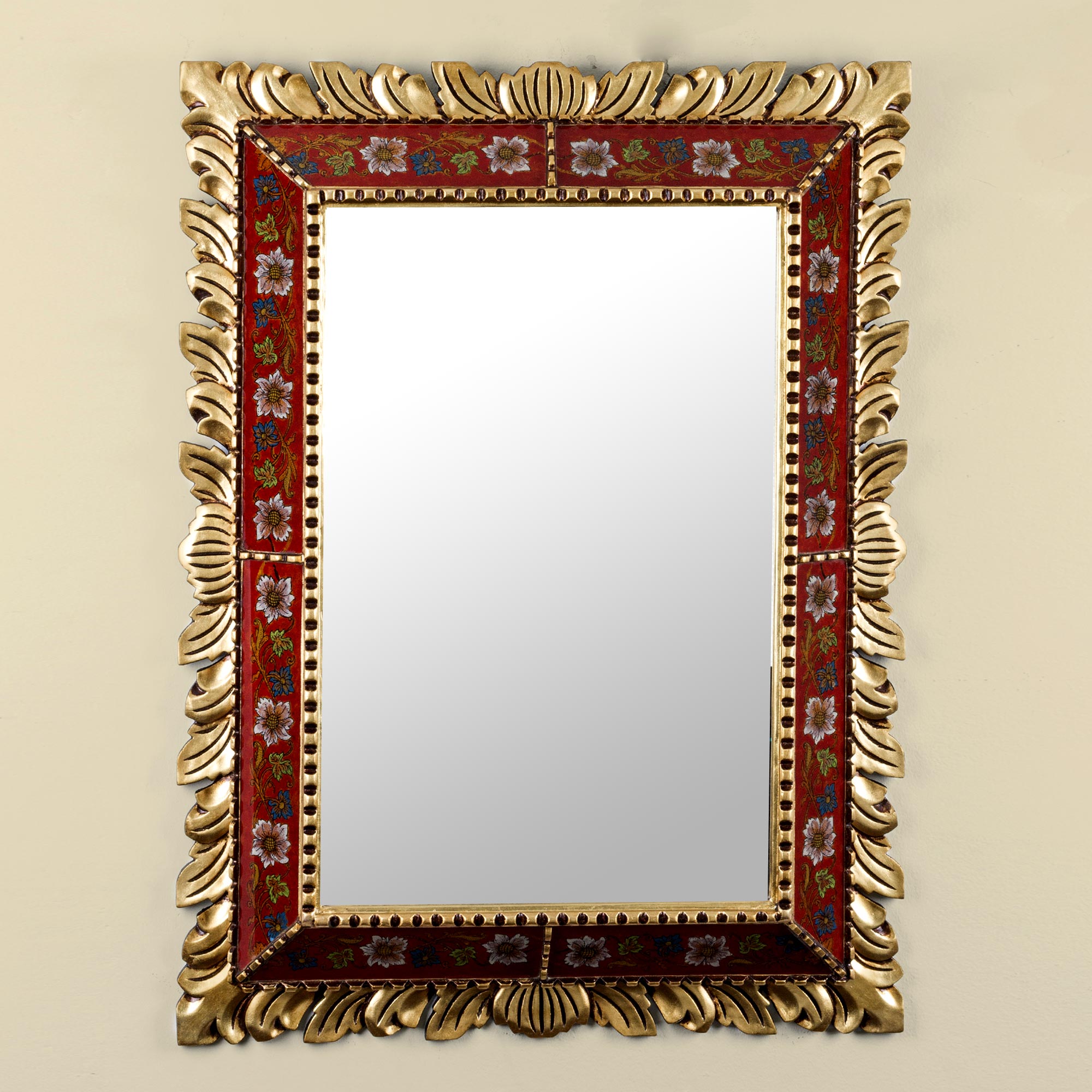 Carved Mohena Wood Floral Mirror, 'Golden Reflections' gilded gold leaf choosing a statement mirror