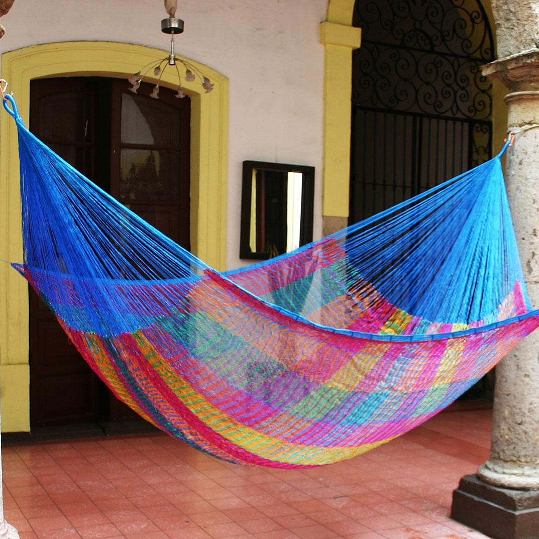 Handmade Double Hammock from Mexico, 'Bright Oasis' Perfect Mother's Day Gift