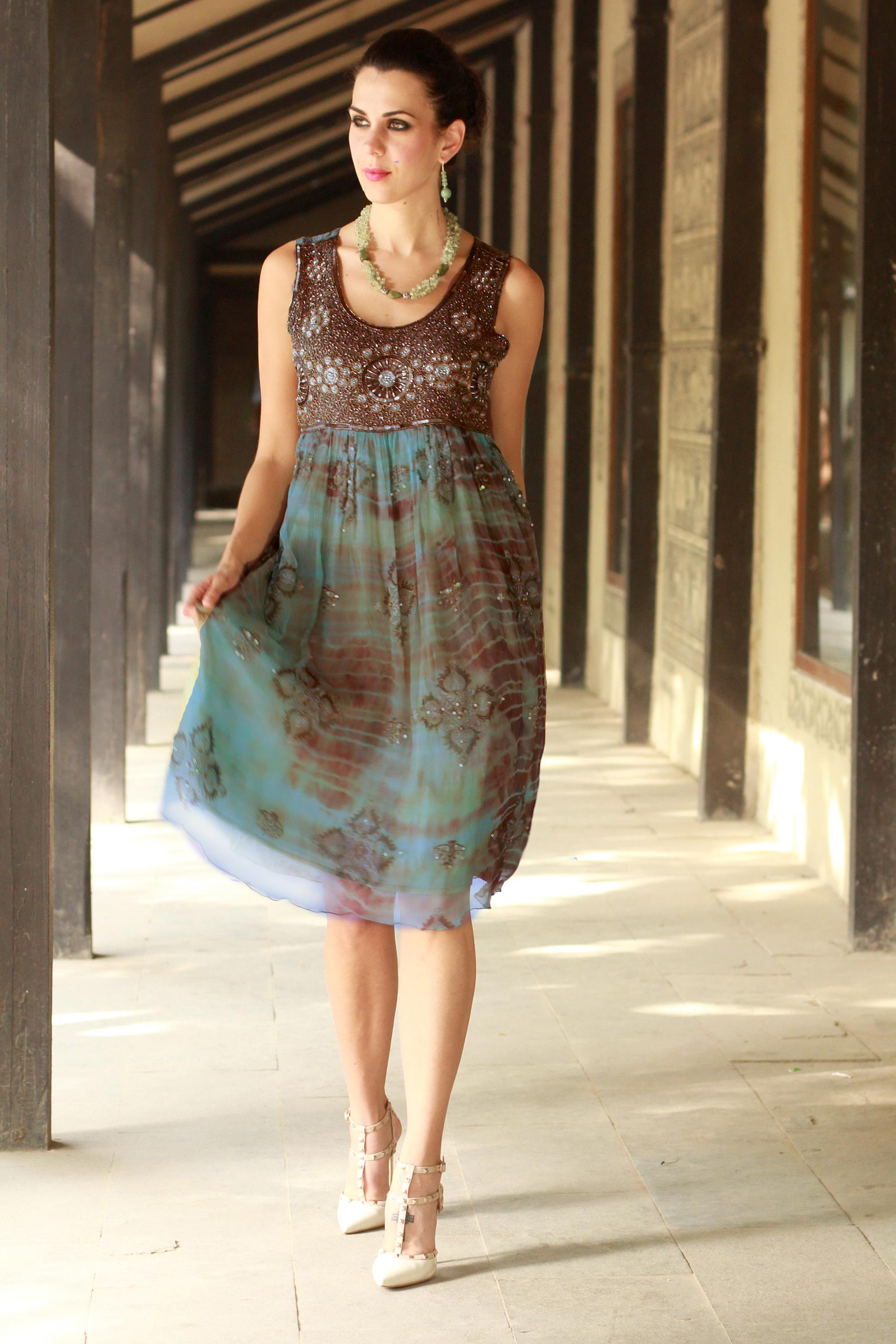 Perfect Mother's Day Gift Shibori-Dyed Green and Brown Embellished Dress with Sequins, 'Shibori Chic' 