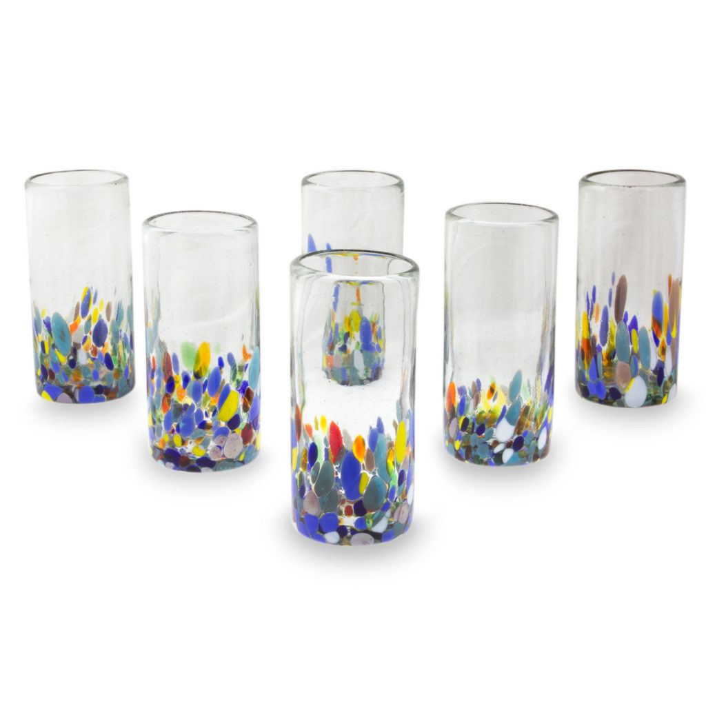 Multicolor Hand Blown Glass Highball Glasses (Set of 6), 'Confetti Festival' Mexican table decor Cinco de mayo