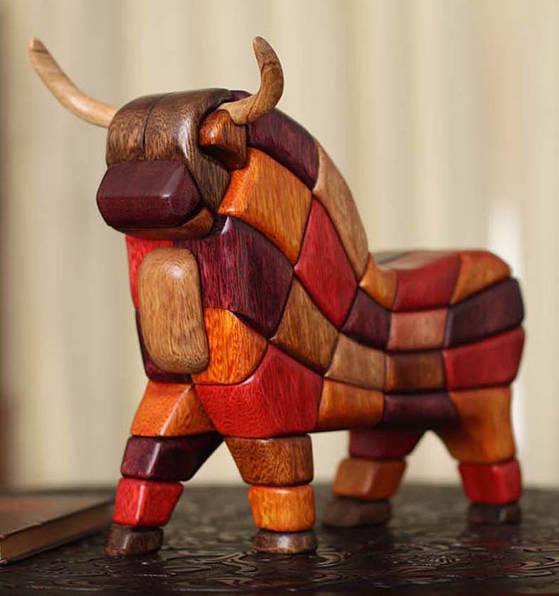 Lucky Bull from Pucara Hand Carved Wood Meaningful Sculpture Original Fine Art