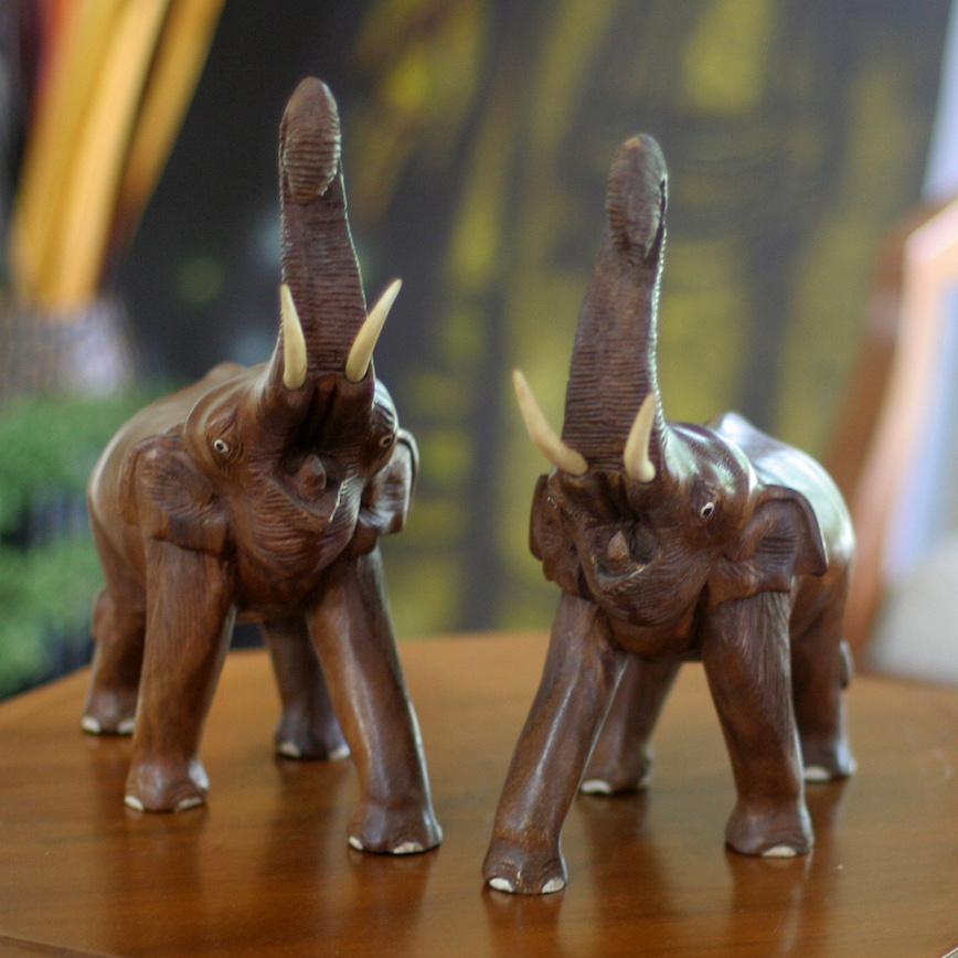 Lucky Thai Elephants pair meaningful hand carved wood sculptures