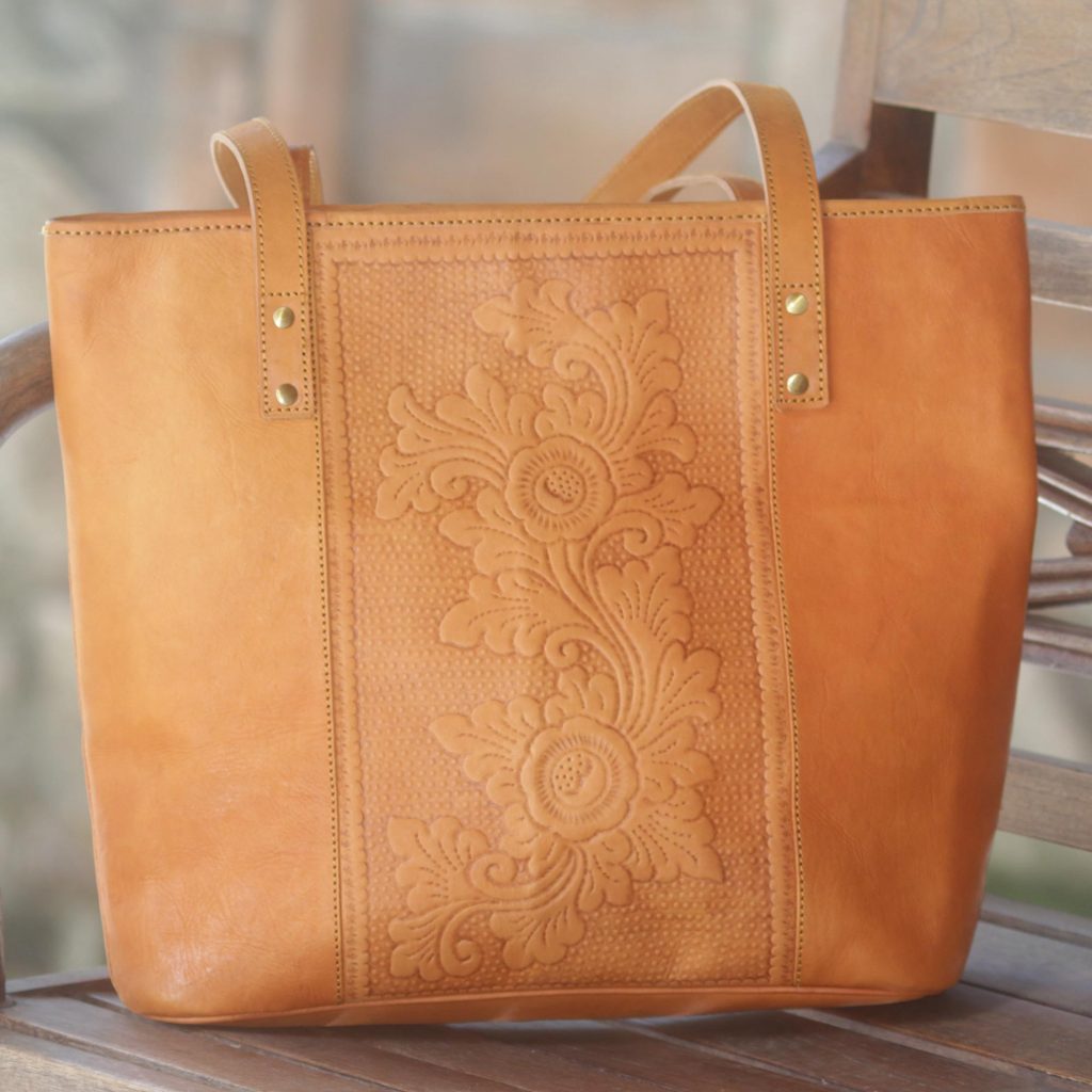 Hand Made Leather Floral Tote Handbag from Indonesia, 'Petaled Temple' Leather Handbag Care