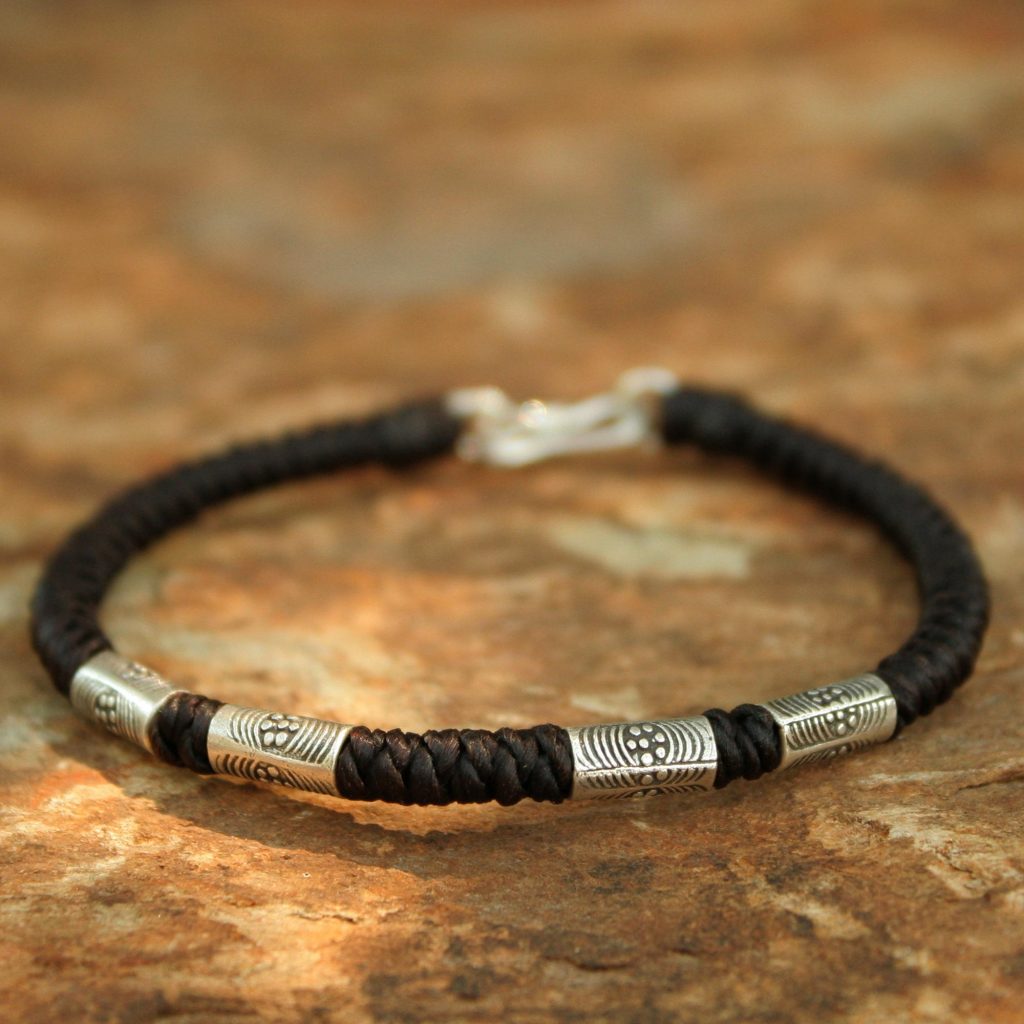 Handcrafted Bohemian Bracelet, 950 Sterling Silver Polyester cord S clasp Boho Chic Jewelry
