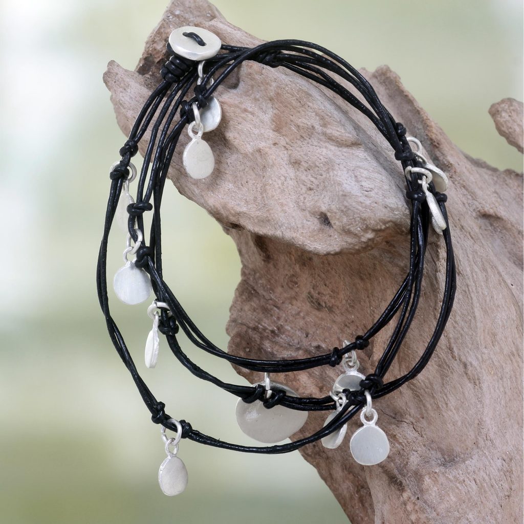 Silver Plated Charms on Black Leather Wrap Bracelet, 'Embolden' Boho Chic Jewelry