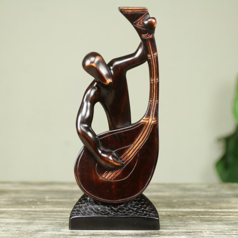 Hand Carved African Musician Sculpture in Ebony Wood, 'Banjo Player'