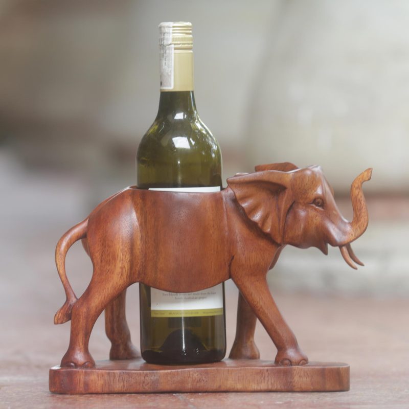 Hand Carved Suar Wood Elephant Wine Bottle Holder, 'Sumatran Elephant' Unique Birthday gifts