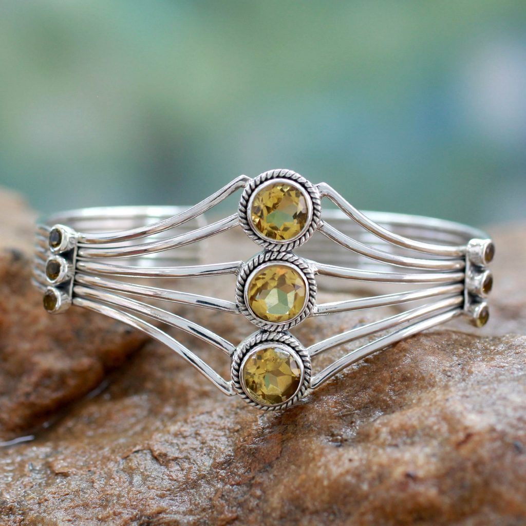 Modern Sterling Silver and Faceted Citrine Cuff Bracelet, 'Glamour' gifts for fall birthdays