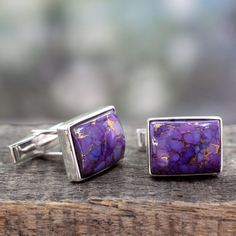 Sterling Silver Cufflinks with Purple Stones, 'Bold Charisma' Unique Father's Day GIft