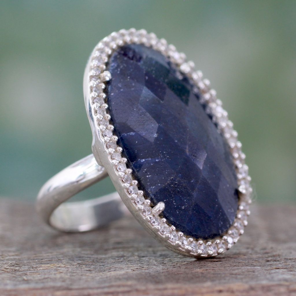 Handcrafted Enhanced Sapphire and CZ Cocktail Ring, 'Stunning Sapphire' gifts for fall birthdays