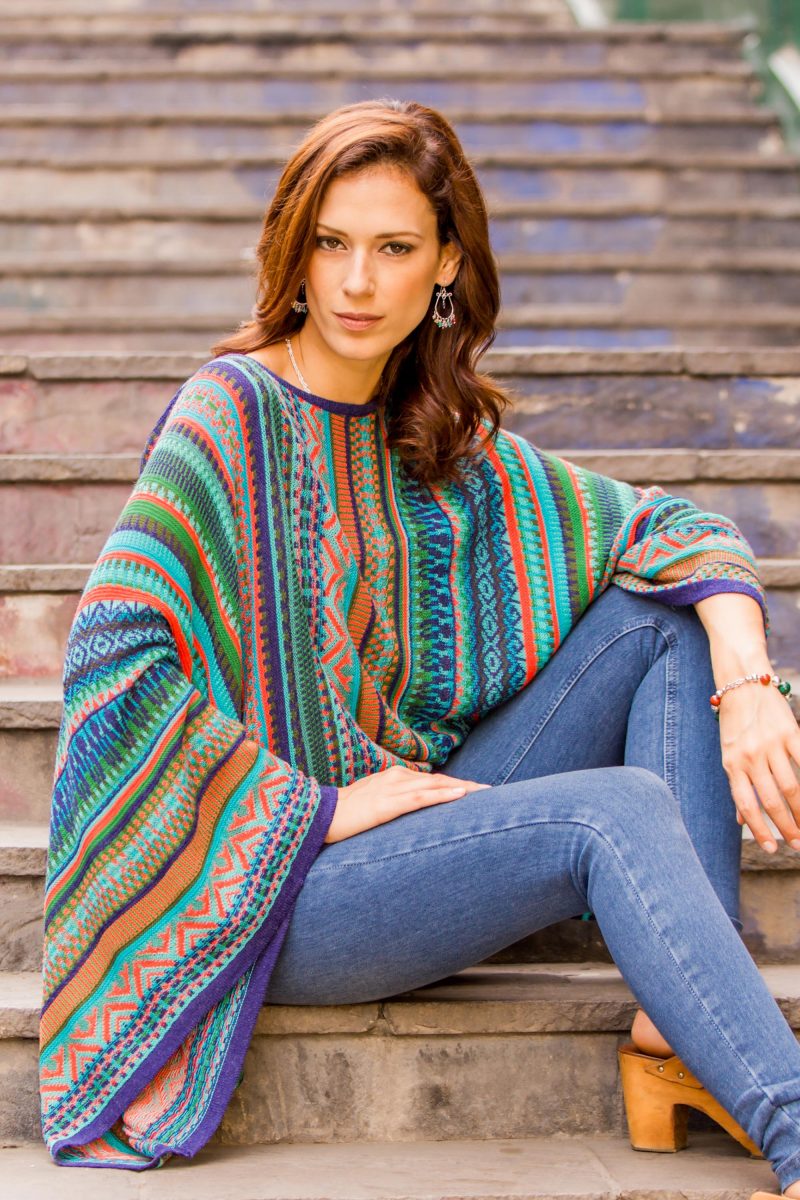 Bohemian Knit Sweater from Peru in Turquoise Stripes, 'Lima Dance' gifts for fall birthdays