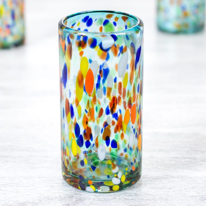 Hand Crafted Blown Glass Tumblers (set of 6), 'Sky Rainbow Raindrops' Unique birthday gifts