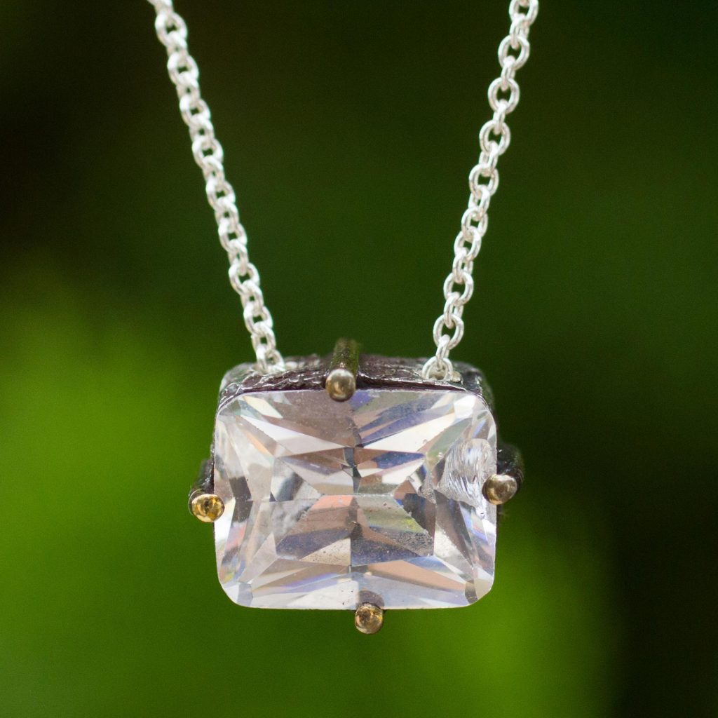 White Zircon Pendant Necklace in Sterling with Gold Accents, 'Clear Vision' gifts for fall birthdays