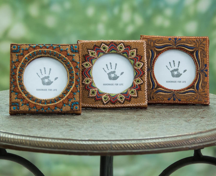 3 Handcrafted Embroidered Photo Frames from India (3x3) 'Classic Feast II' Fair Trade Father's Day