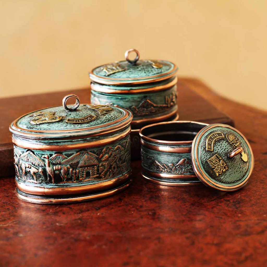 Set of 3 Artisan Crafted Copper and Bronze Decorative Boxes Andean Life jewelry boxes jewelry storage