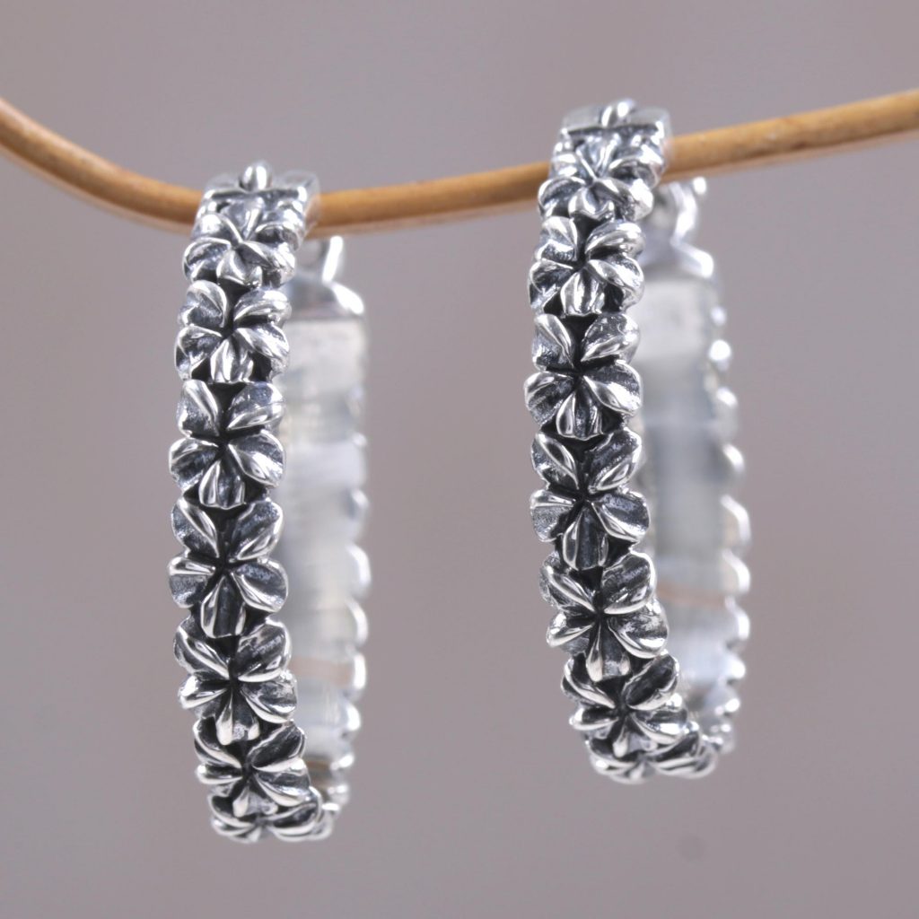 Artisan Crafted Intricate Floral Silver Hoop Earrings, 'Frangipani Garland' Earrings, artisan crafted, sterling silver, floral, hoop earrings earrings for every occasion 