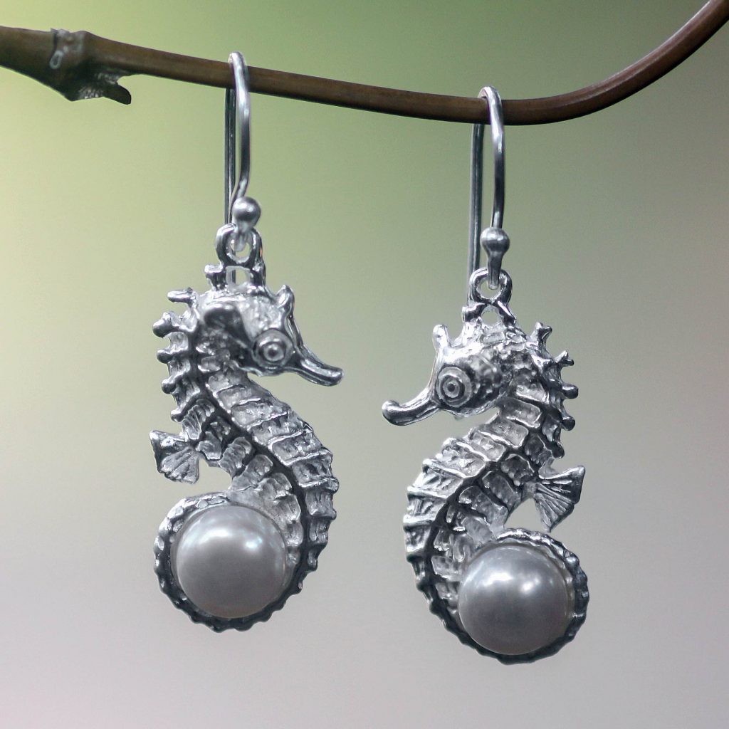 Sterling Silver, Seahorse, Pearls, Earrings, Sea life, animal Sterling Silver and Pearl Seahorse Earrings, 'Ocean of Riches' earrings for every occasion