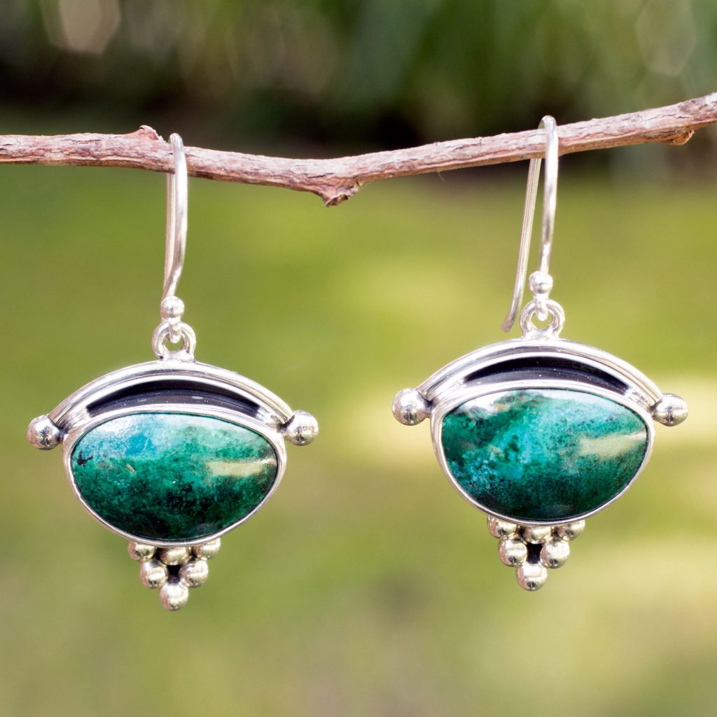  Product ID: U15276 Curate Taxco Silver and Chrysocolla Drop Earrings from Mexico, 'Evergreen Drops' Earrings for every occasion Taxco silver and chrysocolla drop earrings from Mexico, Taxco silver, Mexico, chrysocolla, earrings, drop earrings