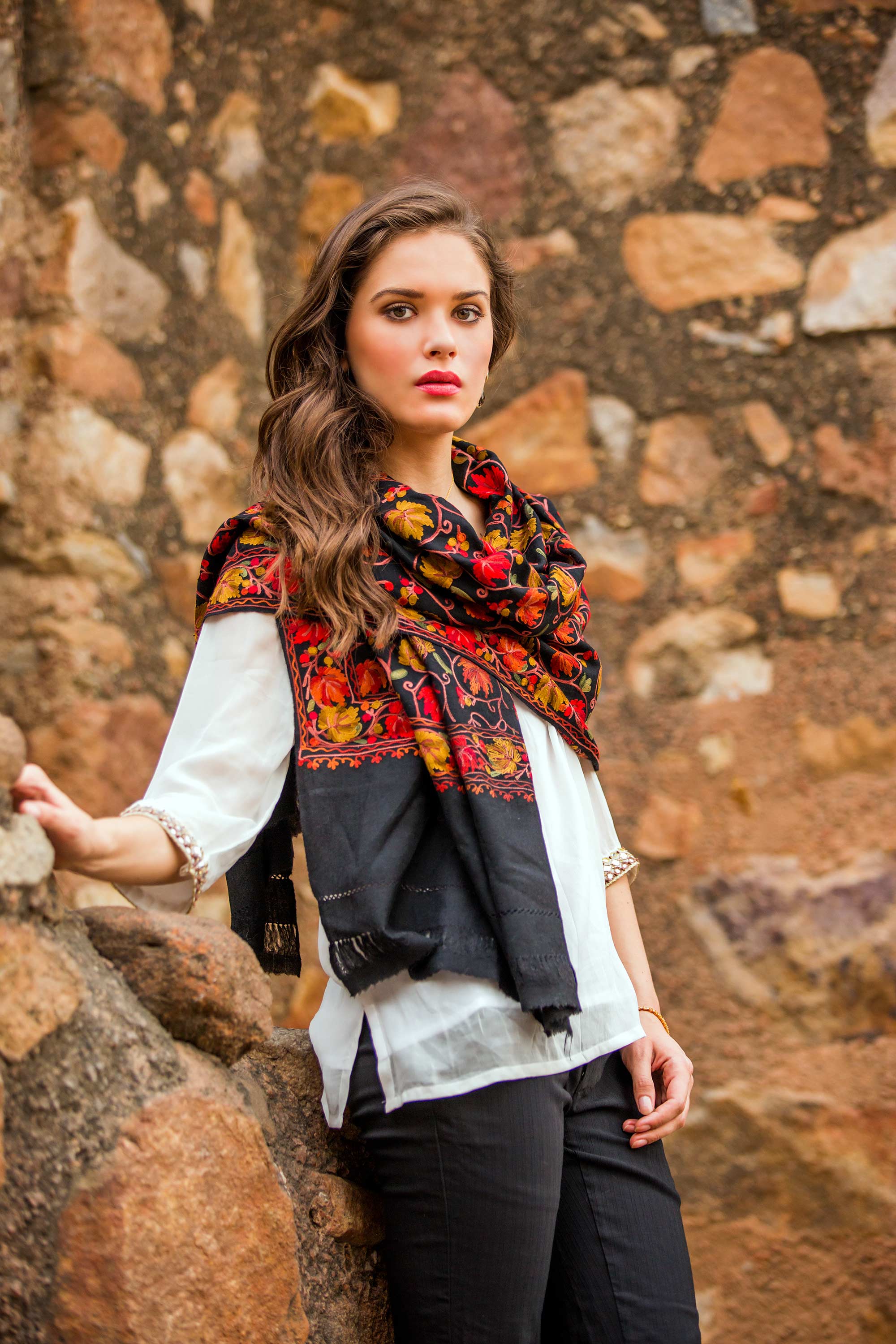 Artisan Made Floral Chain Stitch Embroidery Black Wool Shawl, 'Midnight Mums' Scarf and Shawl styles