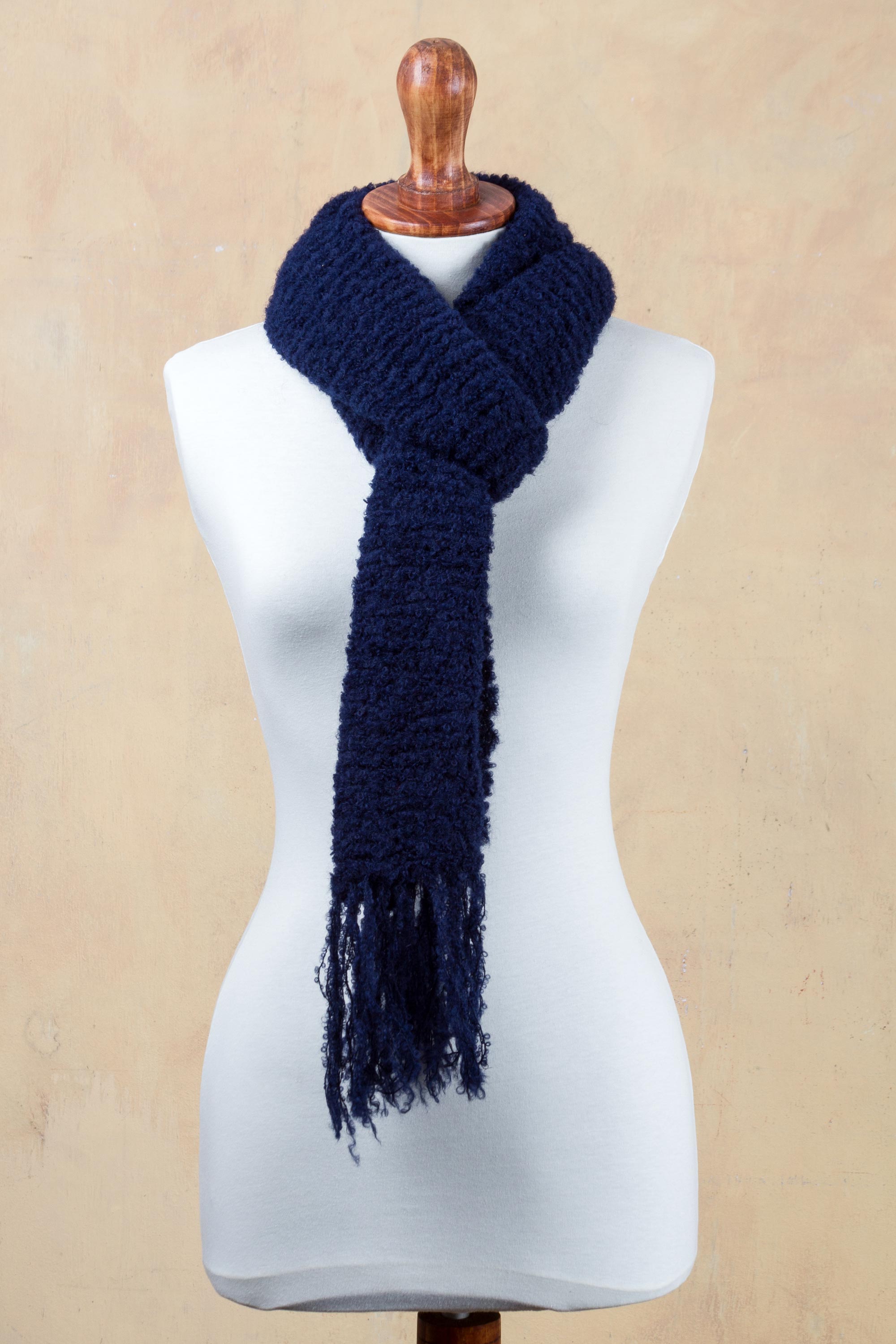 Indigo Color Scarf Knitted by Hand with Soft Alpaca Wool, 'Indigo Story' Scarf and Shawl Styles