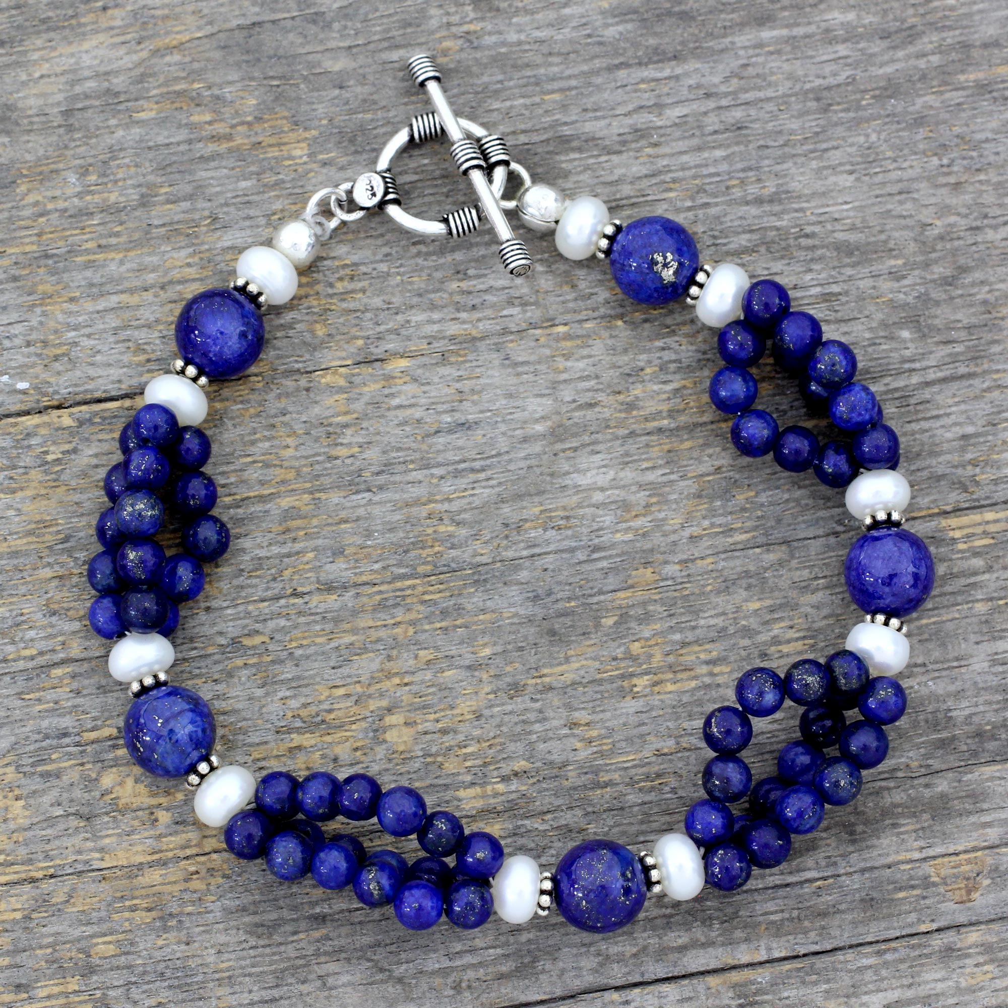 Handmade Beaded Bracelet with Lapis Lazuli and Pearls, 'Ocean's Treasure '