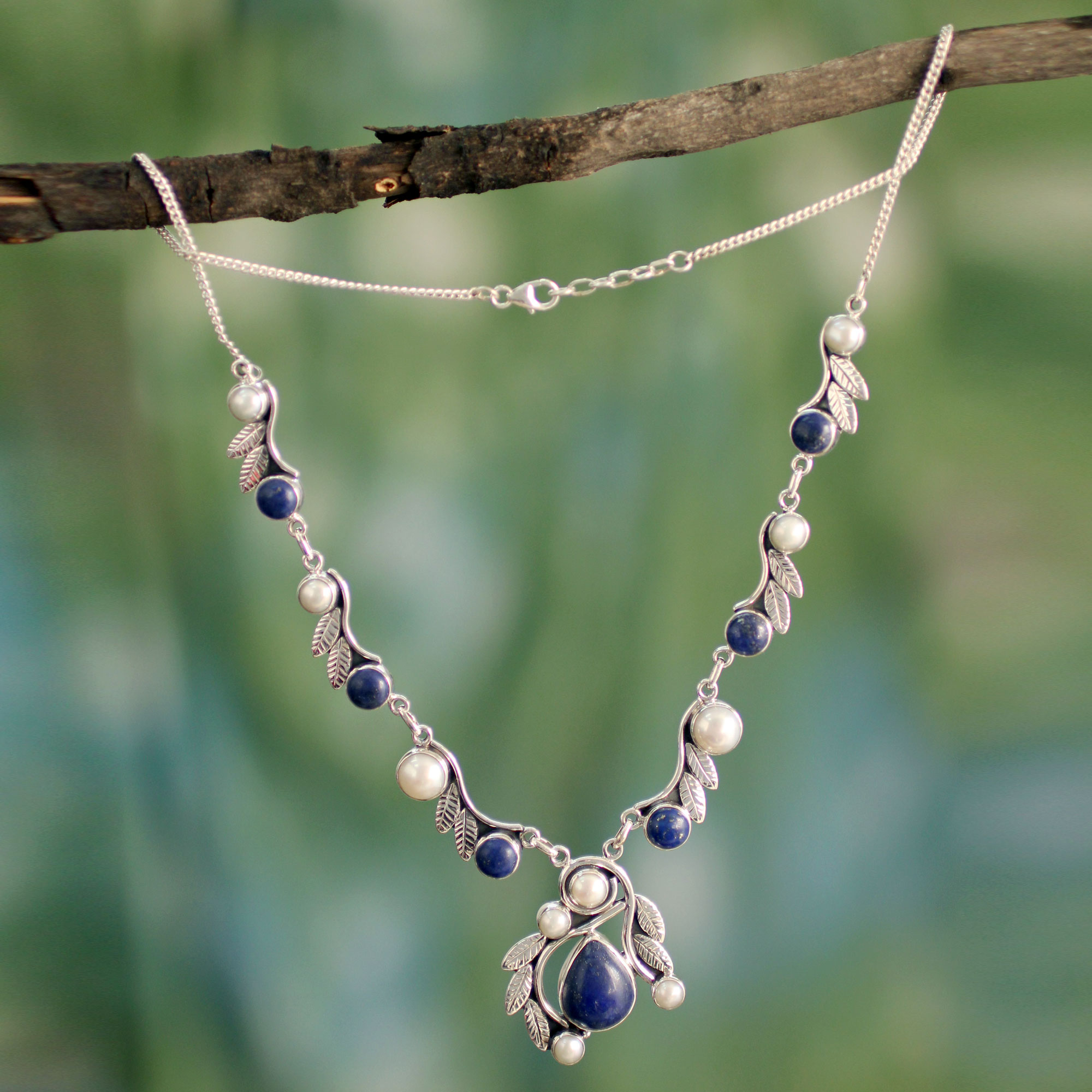 Pearl Lapis Lazuli and Sterling Silver Necklace from India, 'Tropical Fruit'