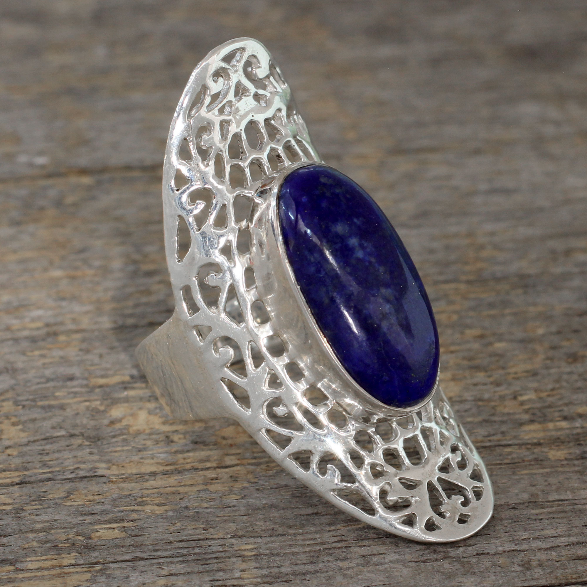 Dramatic Sterling Silver Cocktail Ring with Lapis Lazuli, 'Halo of Lace'