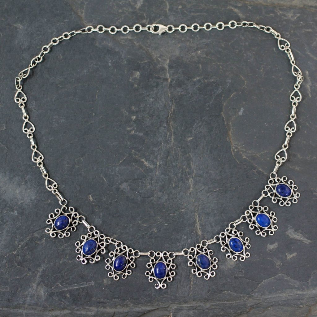 Hand Crafted Lapis Lazuli Pendant Necklace, 'Regal Halo' Sterling Silver 