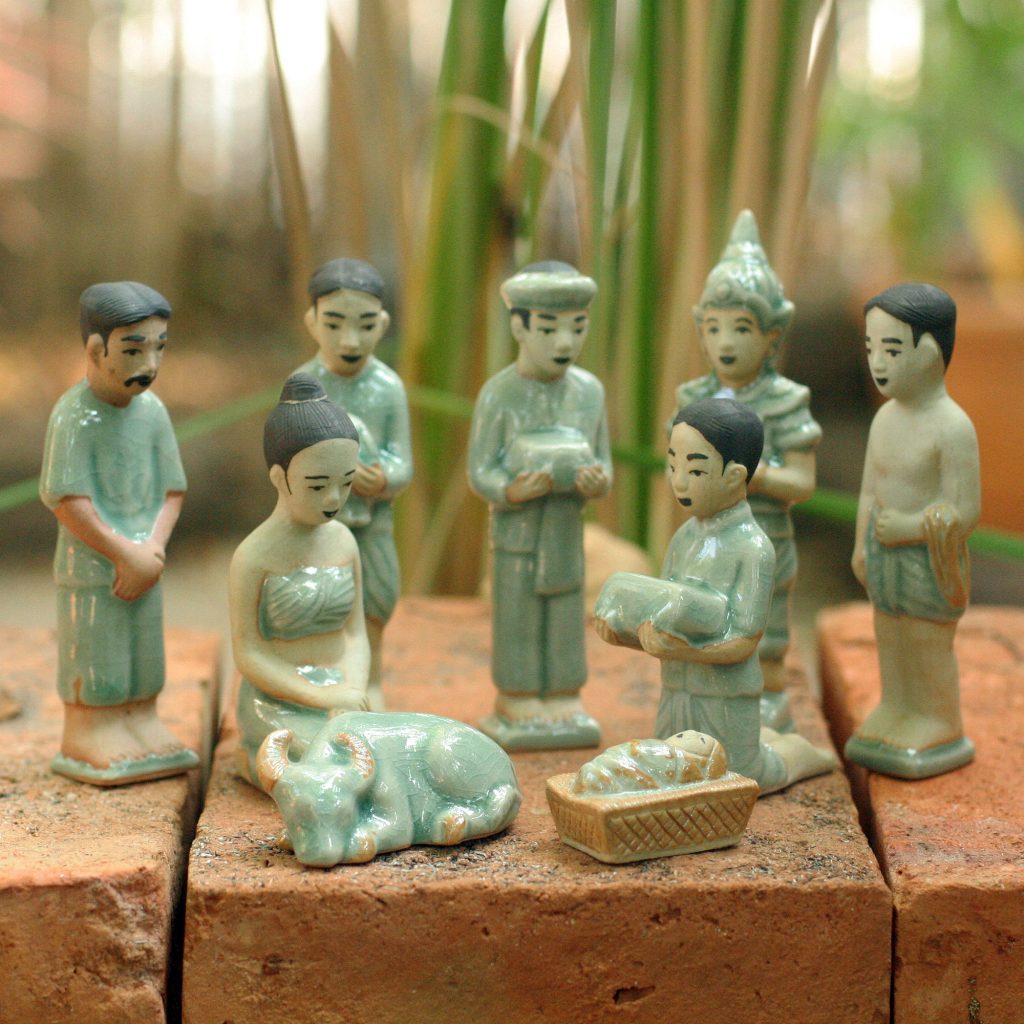Handcrafted Thai Celadon Nativity Set (Set of 9), 'Thai Nativity' beautiful nativity sets