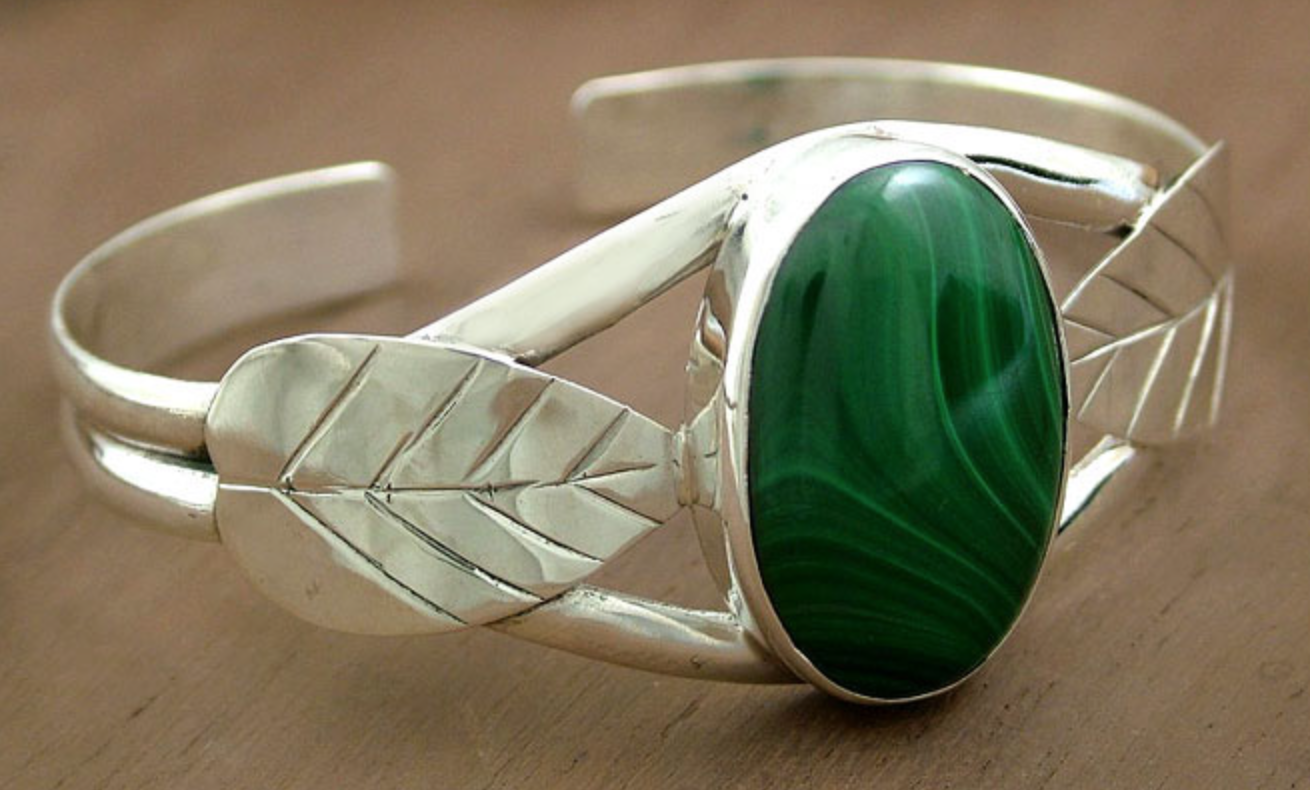 Artisan Designed Sterling Silver and Malachite Cocktail Ring, 'Hypnotic Forest' Marvelous Malachite